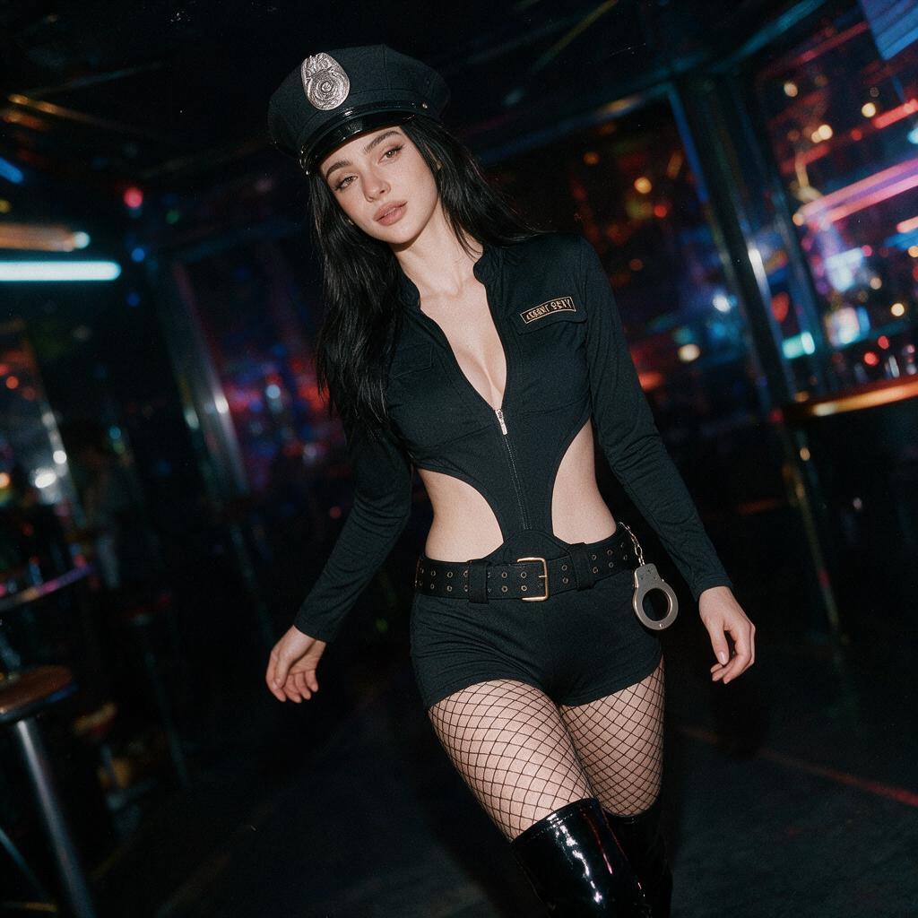 Police Style Cosplay Costume Black Cutout Jumpsuit Zip Front Role Play Outfit